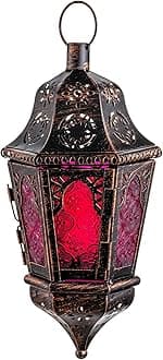 DECORKEY Moroccan Decorations, Lantern Decorative Indoor & Outdoor, 13.6’’ Vintage Decorative Hanging Lantern with Chian for Home Porch Patio Decor, Metal Ramadan Christmas Candle Holders(Plum Red)