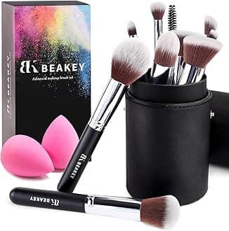 BEAKEY® Makeup Brushes, Foundation Brushes, Blending Face Powder Blush Eyeshadow Brushes, Gift for Ladies and Girls, Brush Sets with Two Sponges (10+2pcs, with Black Brush Case)