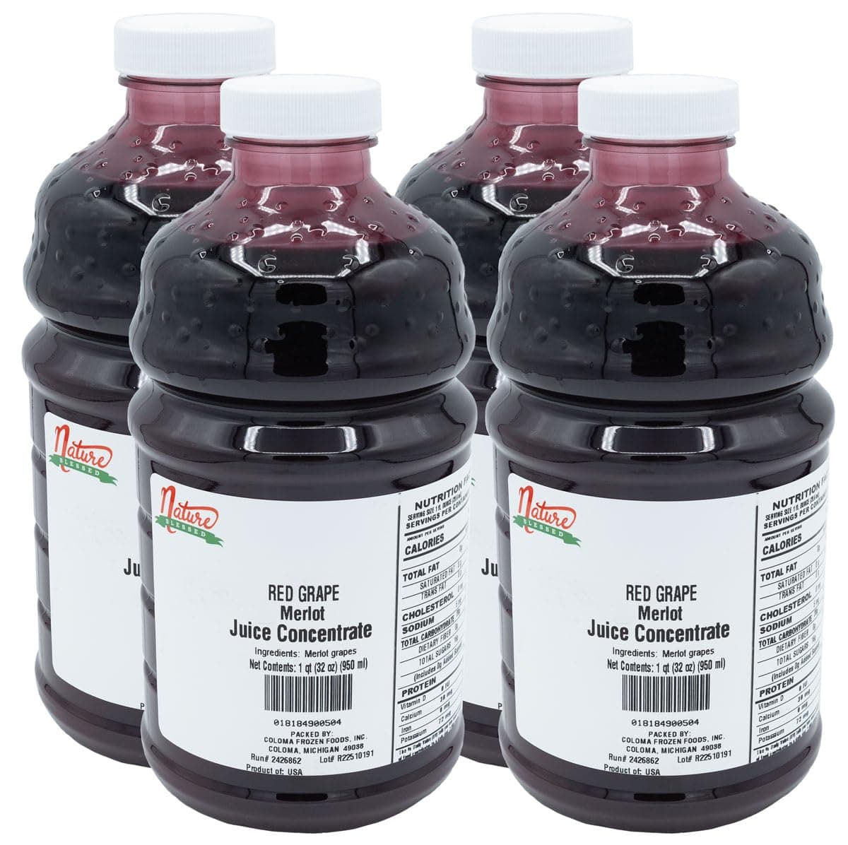 Nature Blessed 100% Pure Merlot Red Grape Fruit Juice Concentrate - 4 Quarts (4/2 fl oz bottles) Excellent for Home Brewers or Vintners, Spirits, Smoothies,