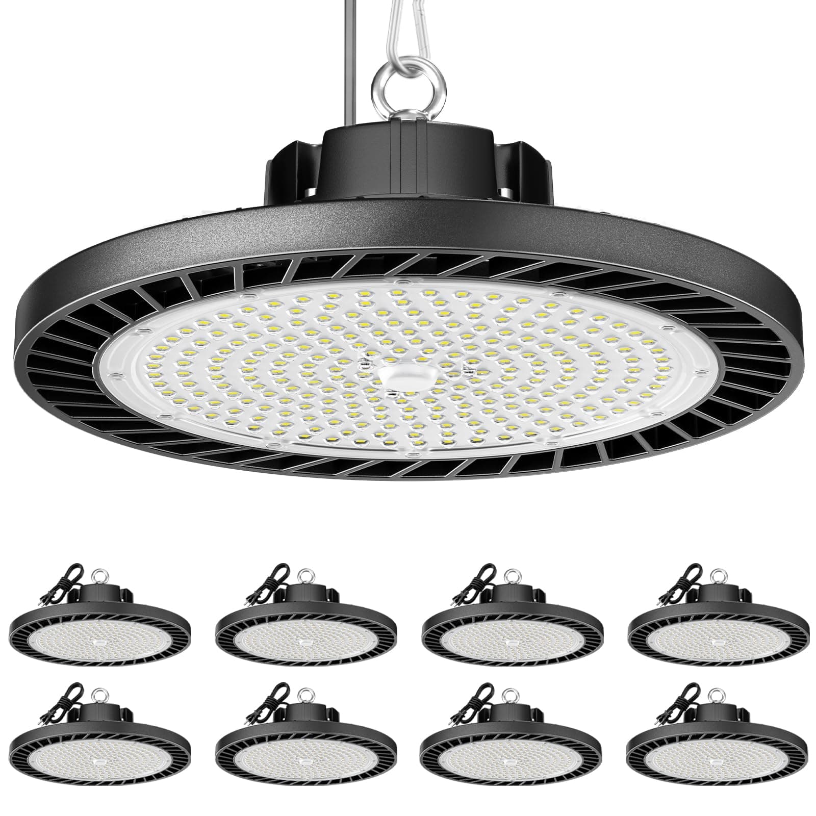8 Pack LED High Bay Lights 200W, 30000LM 6500K UFO High Bay Led Shop Lights AC100-277V with Plug Industrial Warehouse Workshop Factory Barn Garage Area Lighting Fixture