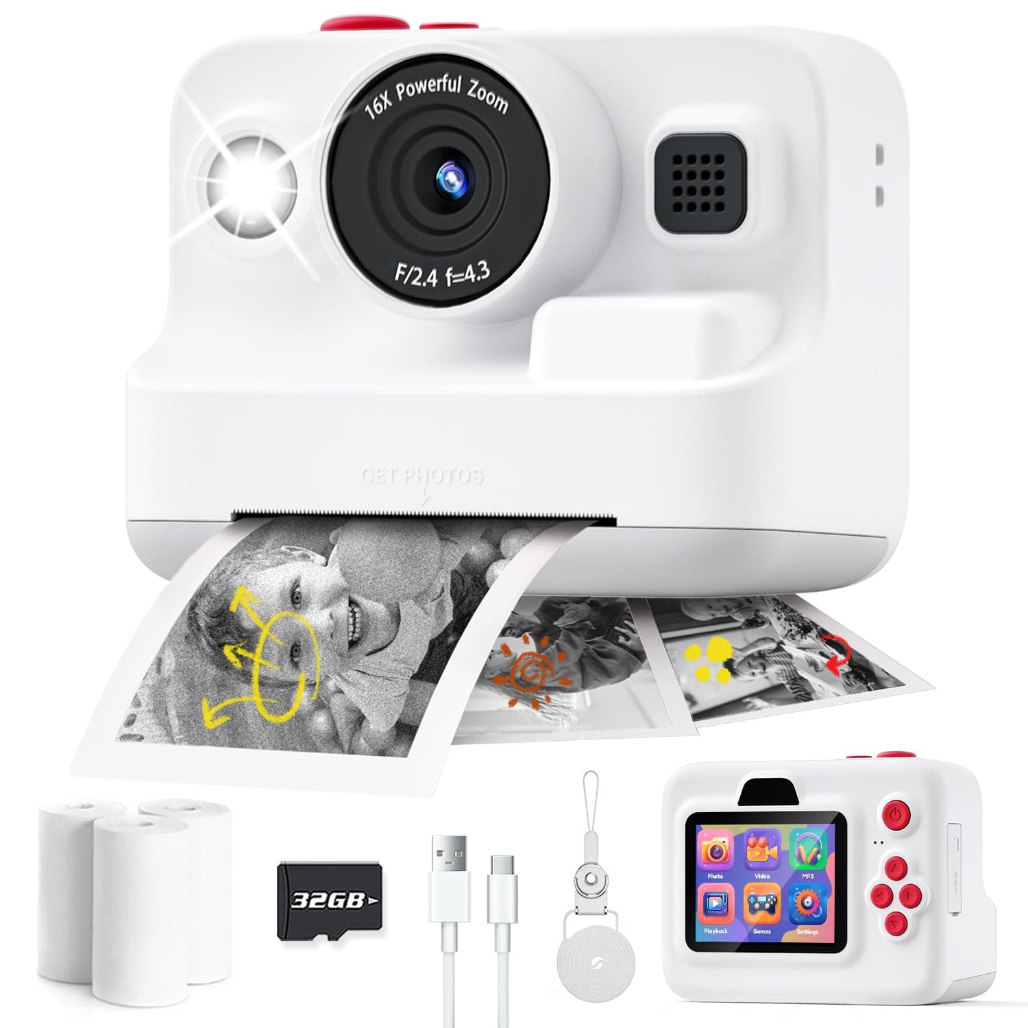 Instant Print Camera for Kids,2.4 Inch Screen Kids Instant Cameras, Christmas Birthday Gifts for Girls Age 3-12, Portable Toddler Toy for 3 4 5 6 7 8 9 10 Year Old Girls Boys White