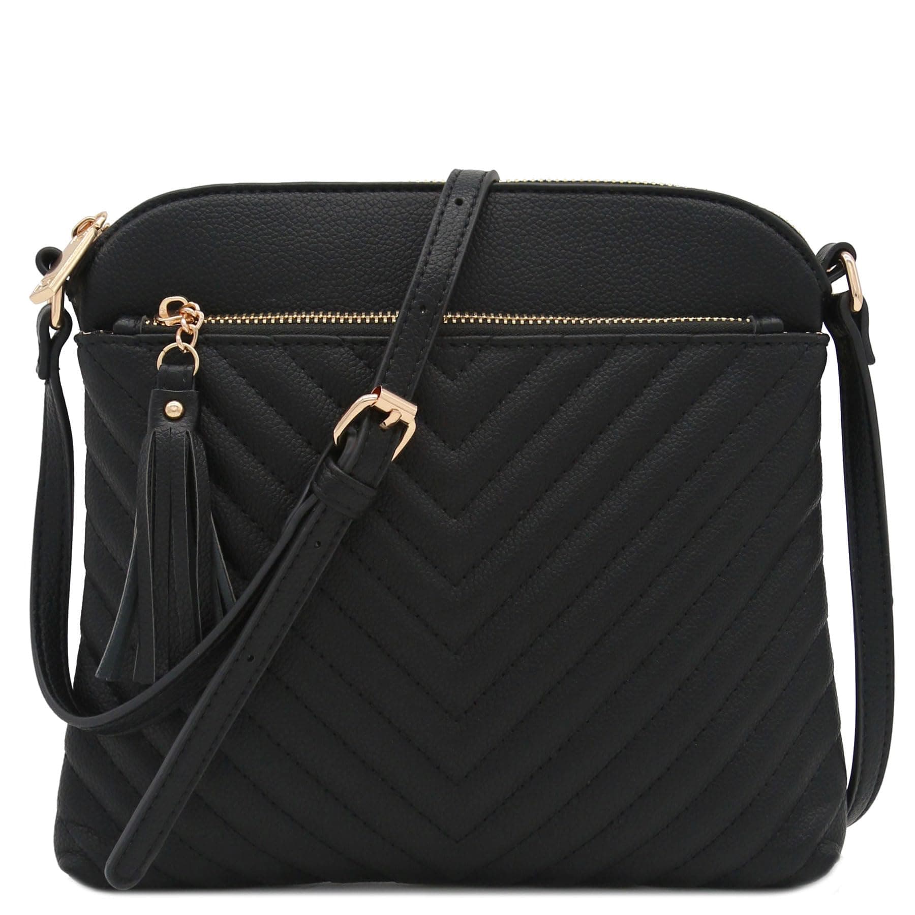 Chevron Quilted Medium Crossbody Bag with Tassel Accent