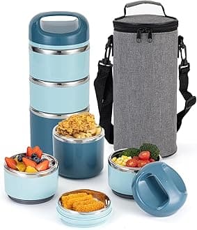 Lille Home Stainless Steel Lunch Box, Stackable 3 Layer Lunch Container for Adults Leak Proof Lunch Box Insulated with Bag (Blue)