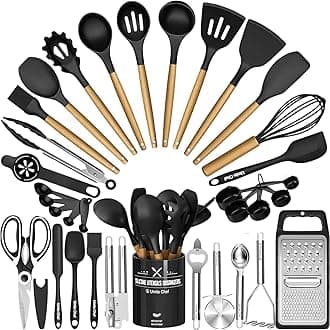 Umite Chef Kitchen Utensils Set- 34PCS Silicone Cooking Utensils with Holder, Heat Resistant Kitchen Utensil Spatula Set for Nonstick Cookware, Black Wooden Handles Kitchen Gadgets Tools Set