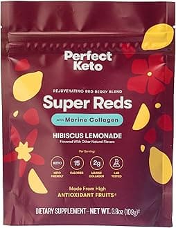 Perfect Keto Super Reds Superfood Powder, Antioxidants Supplement with Fruit & Vegetable Powder, Polyphenols & Marine Collagen, Drink Mix for Skin & Energy Support, Hibiscus Lemonade, 20 Servings