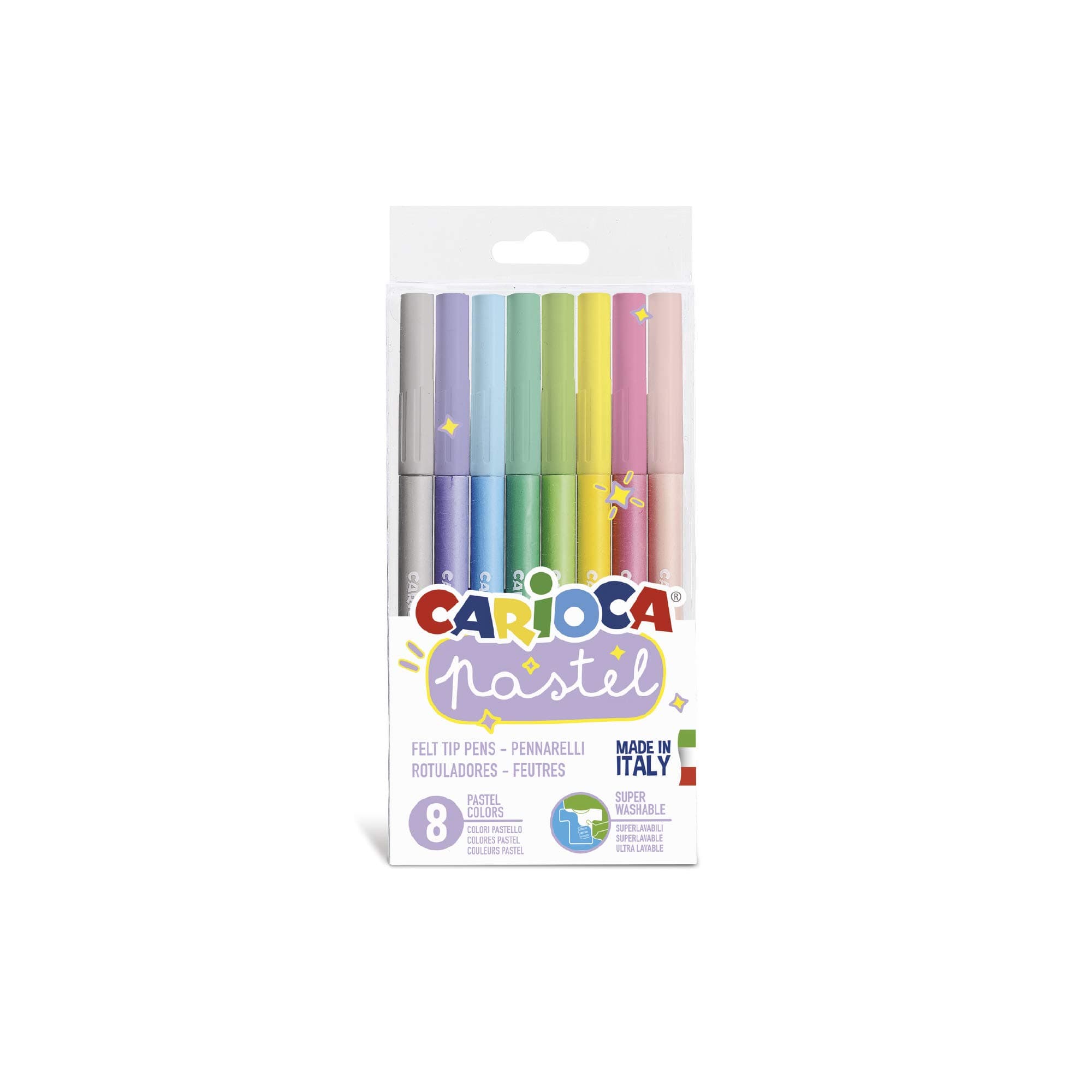 Pastel Markers – 8-Pack Super Washable Felt Tip Pens, Soft Pastel Colors, Non-Toxic Ink, Conical Blocked Tip for Double Stroke, Art & School Supplies, Made in Italy