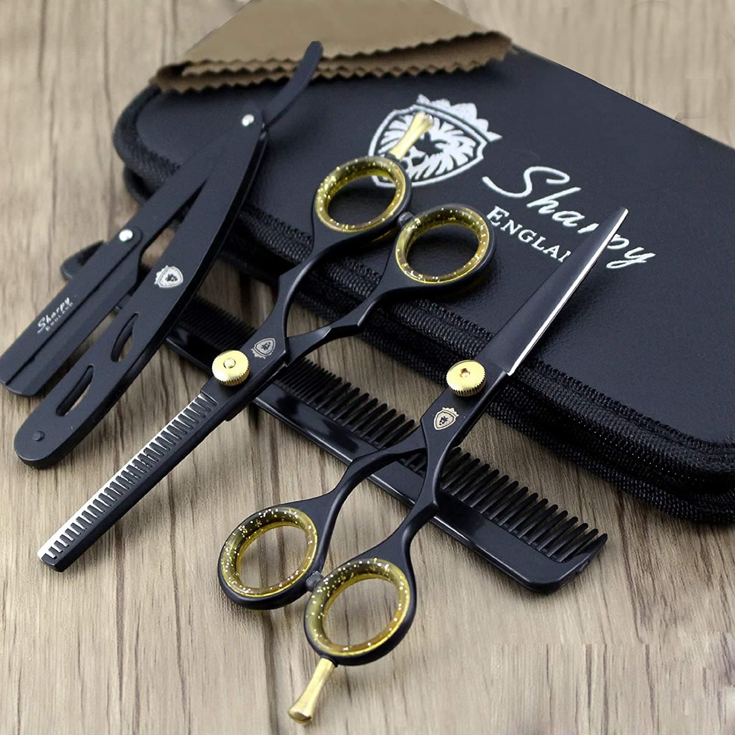 SHARPY England - Professional Hairdressing Scissors Set + Razor, Matte Black Scissors for Hair Styling, Classic Barber Scissors for Smooth Cutting, Salon Cutting Shears, Steel Scissors - RRP 34.99