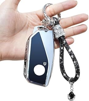 Yumzeco Car Key Case Compatible with BMW with Bling Diamonds Keychain,4 Buttons Key Fob Case for 2 3 5 7 series X1 X4 X5 X6 X7 i4 i7 iX XM 20232024 2025,TPU Silicone BMW Keyless KeyProtector-Black