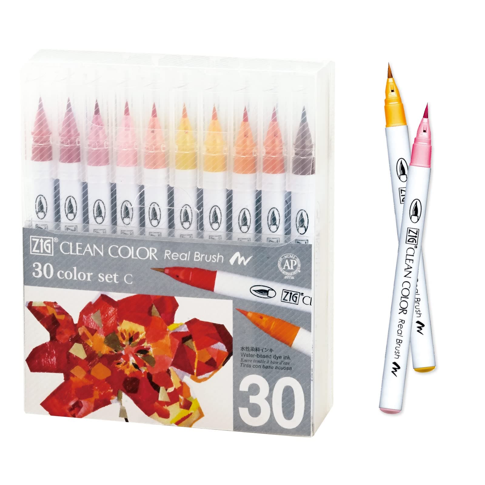 ZIG Clean Color Real Brush, 30 colors set C, Flexible Brush Tips, Watercolor Pens for Painting, Drawing, Calligraphy and Brush Lettering for Artists, Made in Japan
