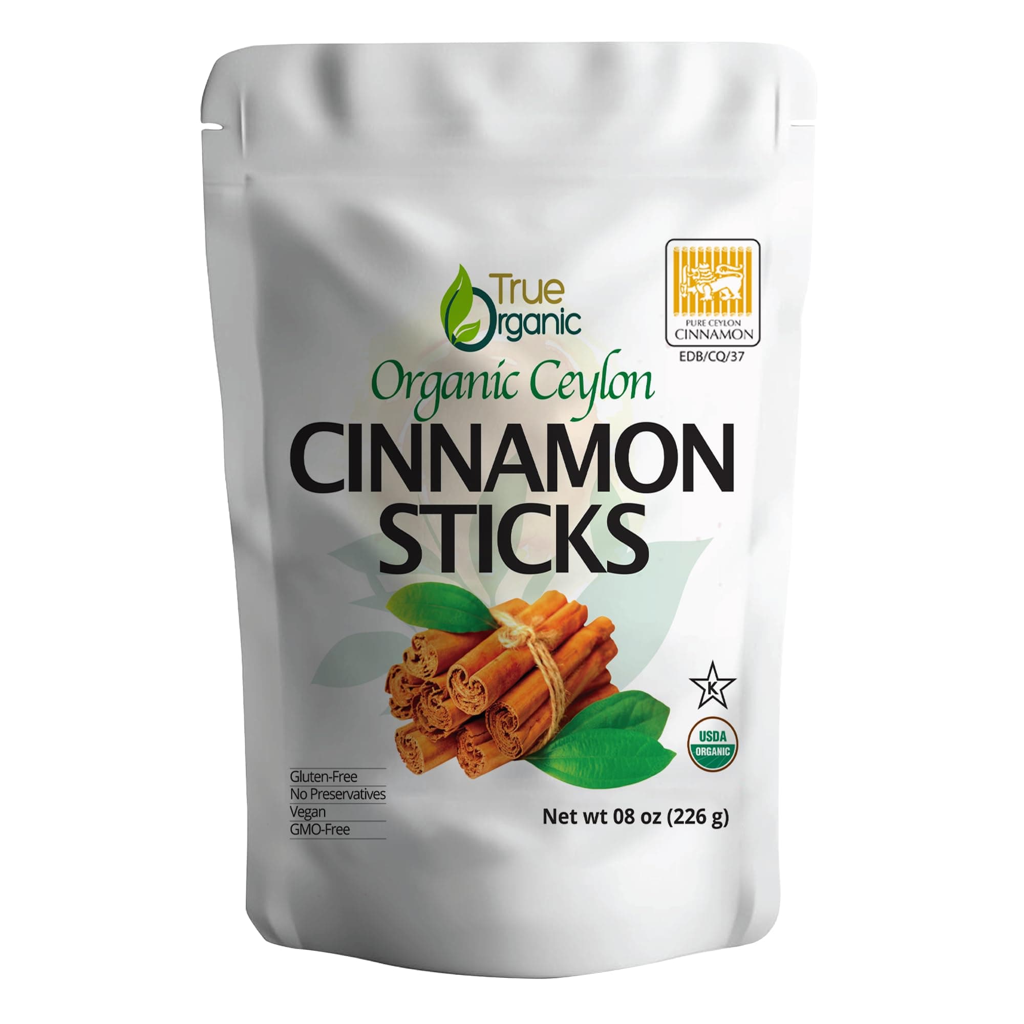 True Organic Ceylon Cinnamon Sticks, 08 ounces, Premium Grade, USDA Organic & Kosher Certified, Non-GMO, Ceylon Cinnamon stick, Pure Ceylon Quality