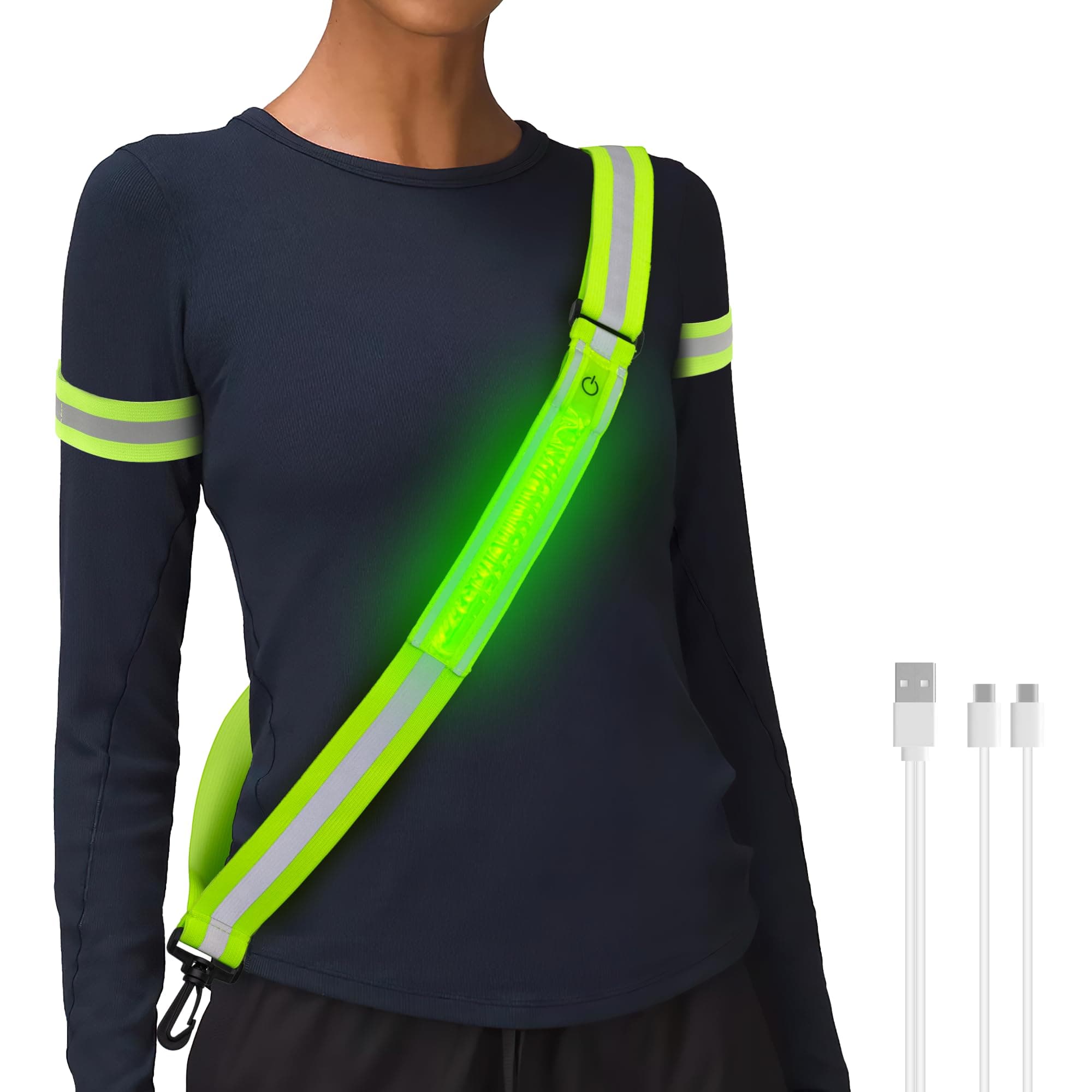 HENMI LED Reflective Belt Sash with Two Arm Reflective Tapes,3 Light Modes Adjustable Length Rechargeable Reflective Running Gear for Men Women Running Cycling Walking and Dog Walking