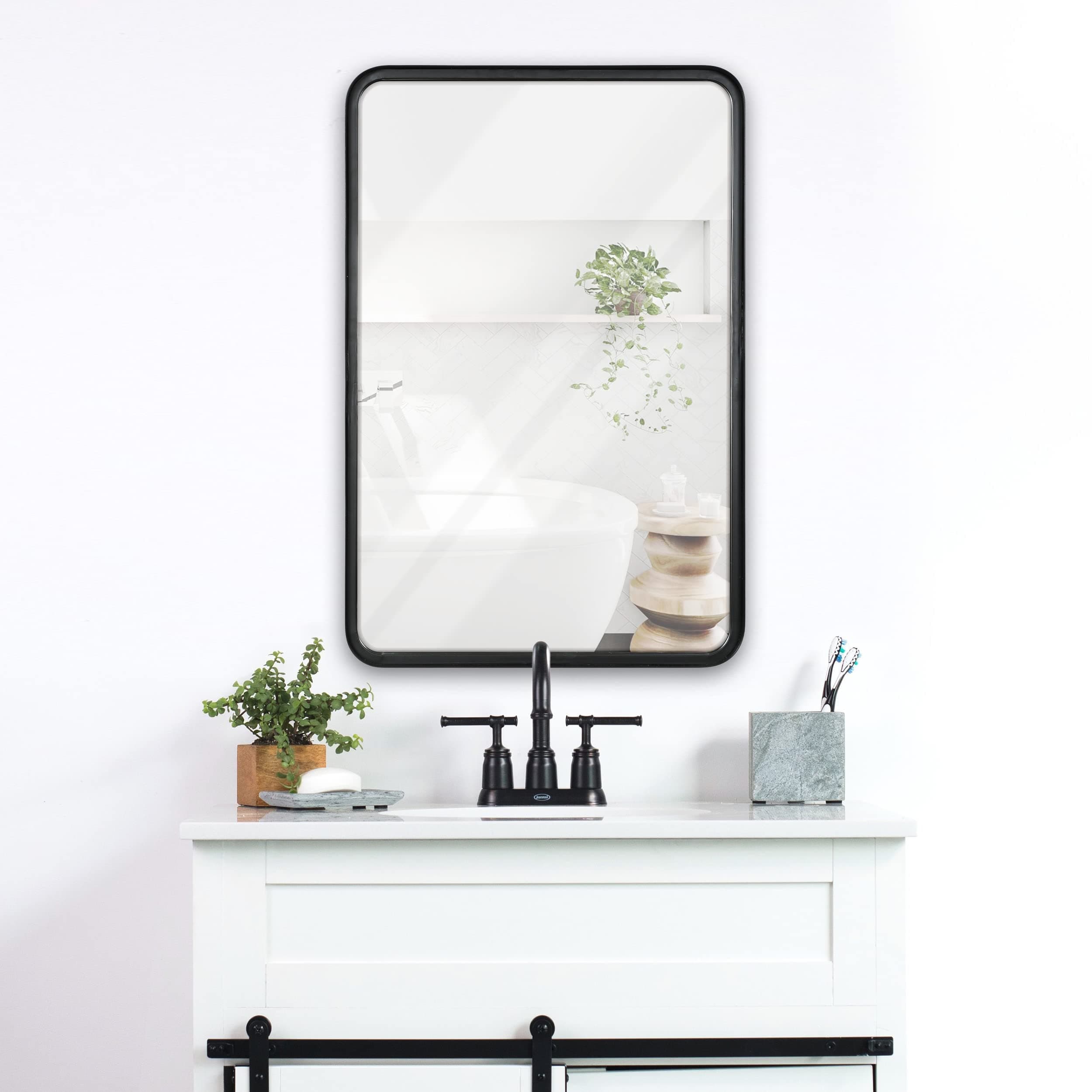 20" x 30" Black Mirror For Wall- Sturdy Metal Black Framed Mirror - Rectangle Mirror With Beautiful Metal Frame For Bathroom, Entryway, Living Room & More! Black Framed Rounded Corner Deep Set Design
