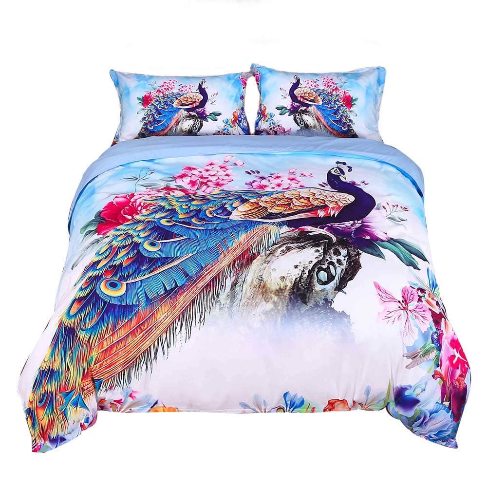 ENCOFT 3D Peacock Bedding King Size Luxury Beautiful Peacock and Peony Watercolor Printed 4-Piece Duvet Cover Set, No Comforters (King, Multi)