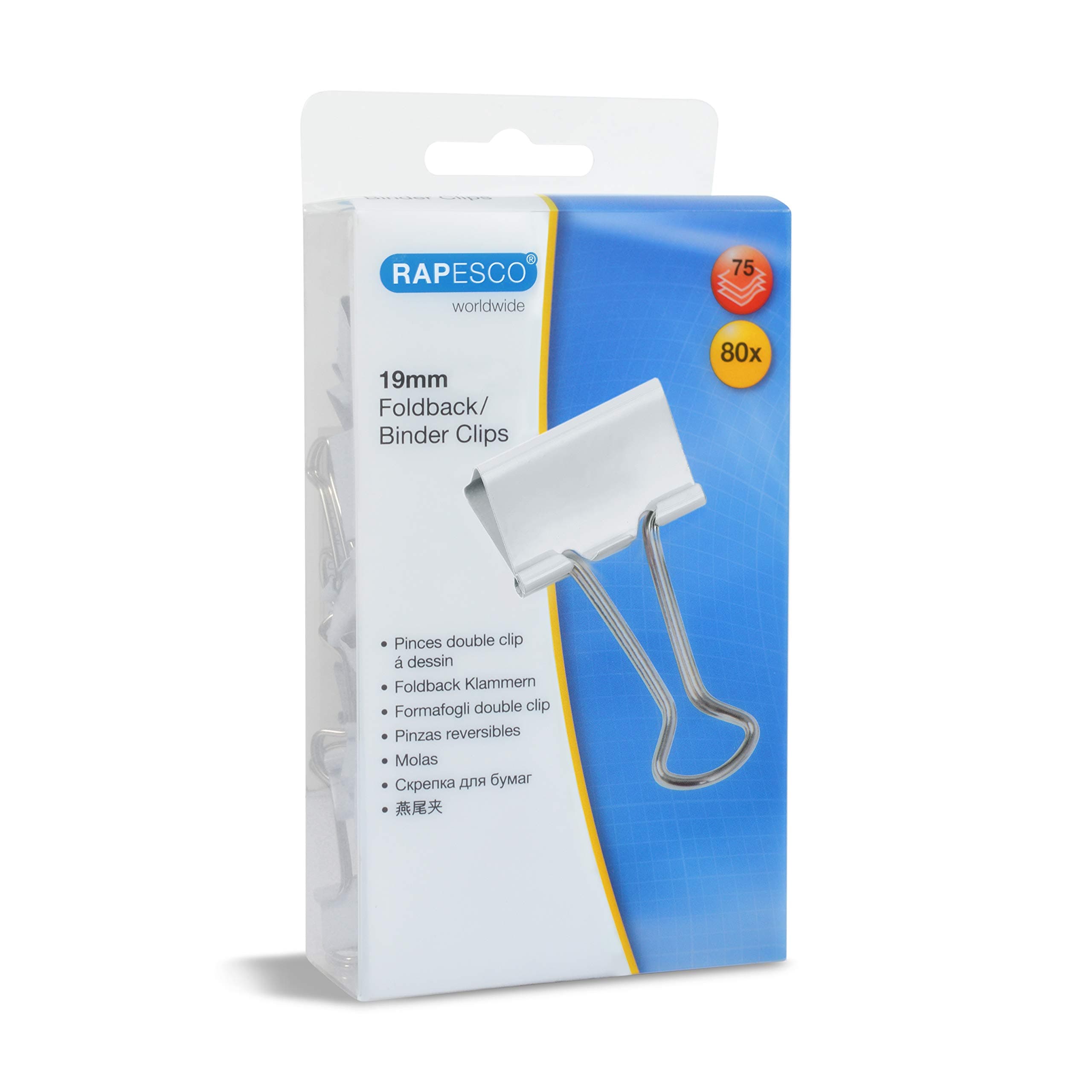 Rapesco 1493 19 mm Foldback Clips, White, Pack of 80