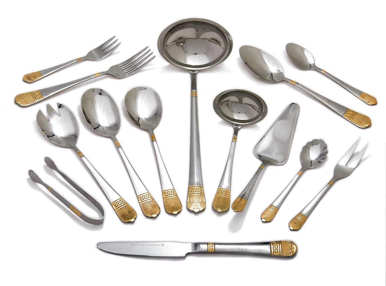 Swiss Silverware Flatware Set 304 18/10 Surgical Stainless Steel w/ 24k White or Yellow Gold Plated Accents Service for 12 (24k Gold Plated)
