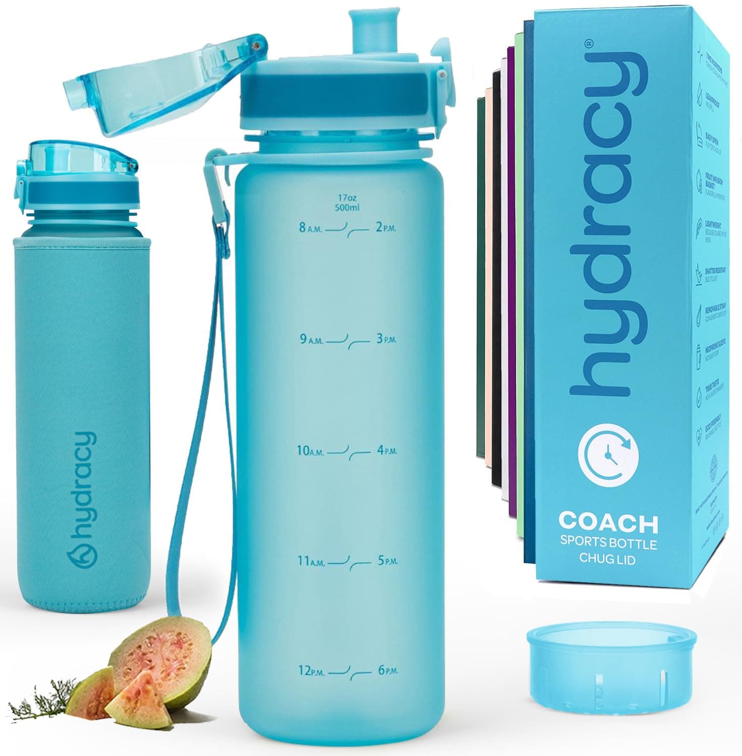Hydracy Water Bottle with Time Marker - 500 ml 17 Oz BPA Free Water Bottle - Leak Proof & No Sweat Gym Bottle with Fruit Infuser Strainer - Ideal for Fitness or Sports & Outdoors