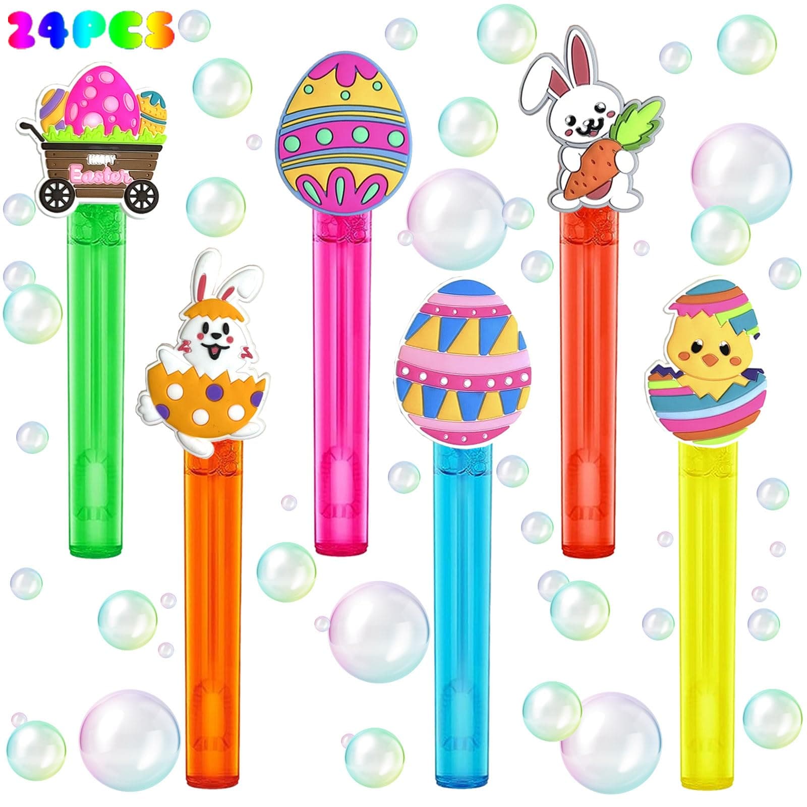 Easter Party Favors,24Pcs Easter Bubble Wands for Kids,Chicken Egg Bunny Bubble Wand for Party Supplies,Classroom Prizes Pinata Goodie Bag Stuffers Gift