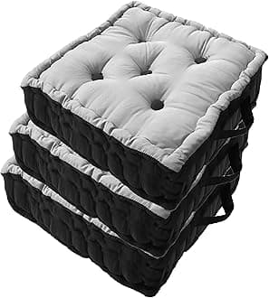 Kuber Industries (Pack of 3) Chair Pad | Seat Cushion with Botton & Handle | Comfortable Seating Pad | Relax Back Chair Pad | Cotton Chair Pad for Car, Office | Square Plain | Grey