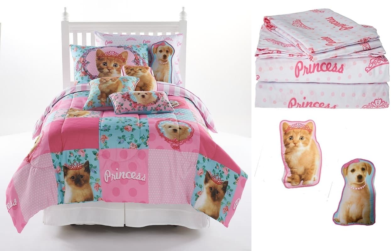Princess Kitty Puppy 7 Piece Twin Size Bedding (Comforter, Pillow Sham, 3pc Sheet Set + 2 Decorative Pillows)