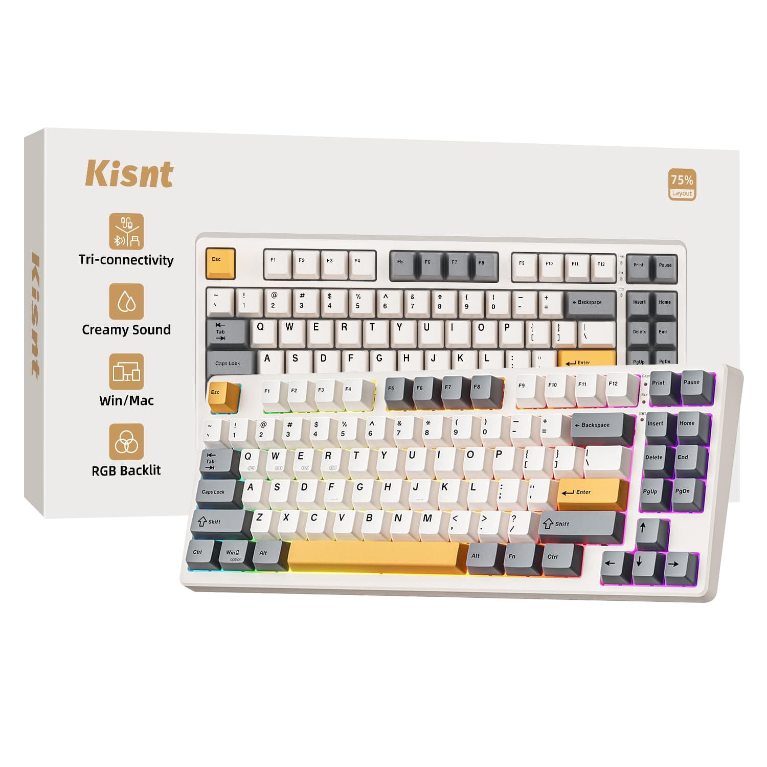 KN85 Wireless Mechanical Gaming Keyboard, 75% Layout with RGB Backlit, Custom Hot Swappable, Creamy Sound, Bluetooth/2.4GHz/USB-C Compatible with Windows/Mac/PC(Retro Beige,Linear Switch)