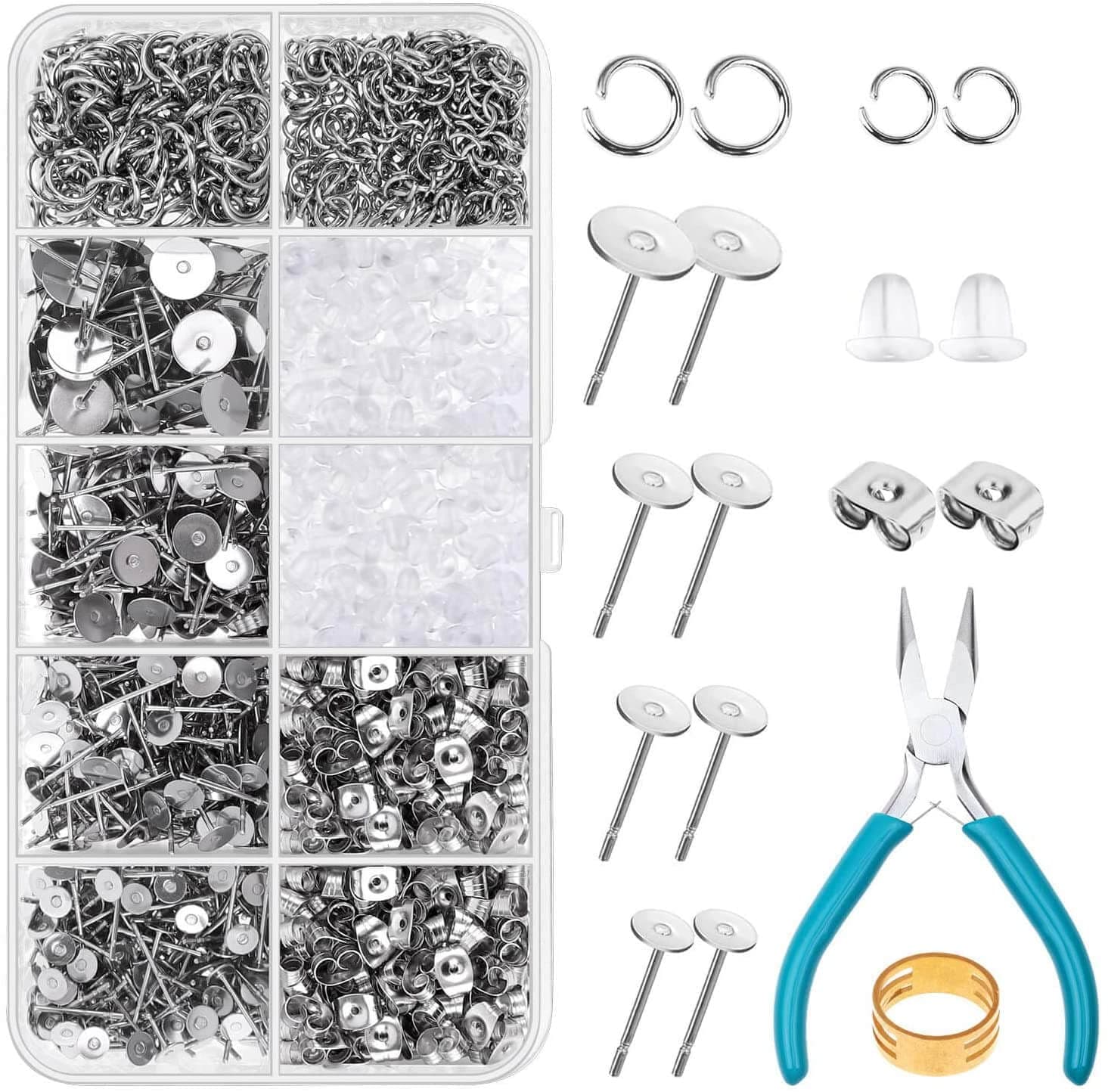 Earring Posts and Backs, Caffox 1800pcs Stainless Steel Stud Earring Kit with Earring Base Studs, Earring Backs for Clay, Pearls, Jewelry Making and Crafting