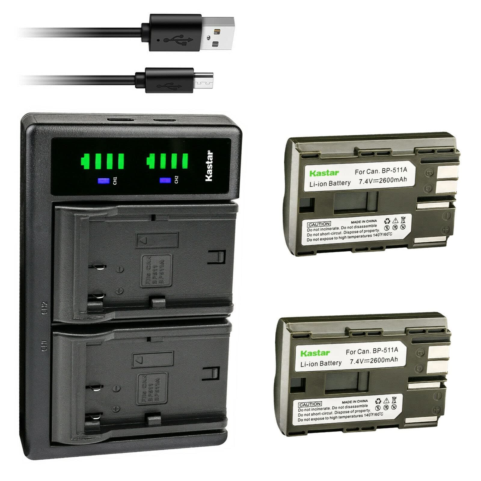 Kastar 2-Pack Battery Charger Replacement for Canon BP-508, BP-511, BP-512, BP-514, BP-522, BP-535, CB-5L, CG-580, BG-E2N