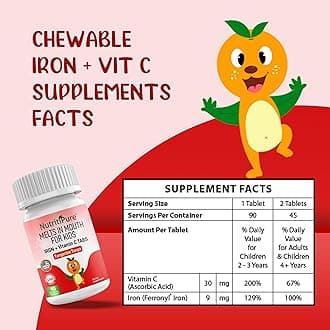 Chewable Iron Supplements for Kids (Ferronyl®/Carbonyl Iron 9 mg with Vitamin C 30 mg) Tablet in Tangerine Tango Orange Flavor Kids Supplement 90 Count (2 Bottles)