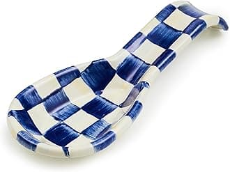Enamel Spoon Rest, Kitchen Spoon Holder and Utensil Rest for Stovetop, Blue-and-White Royal Check