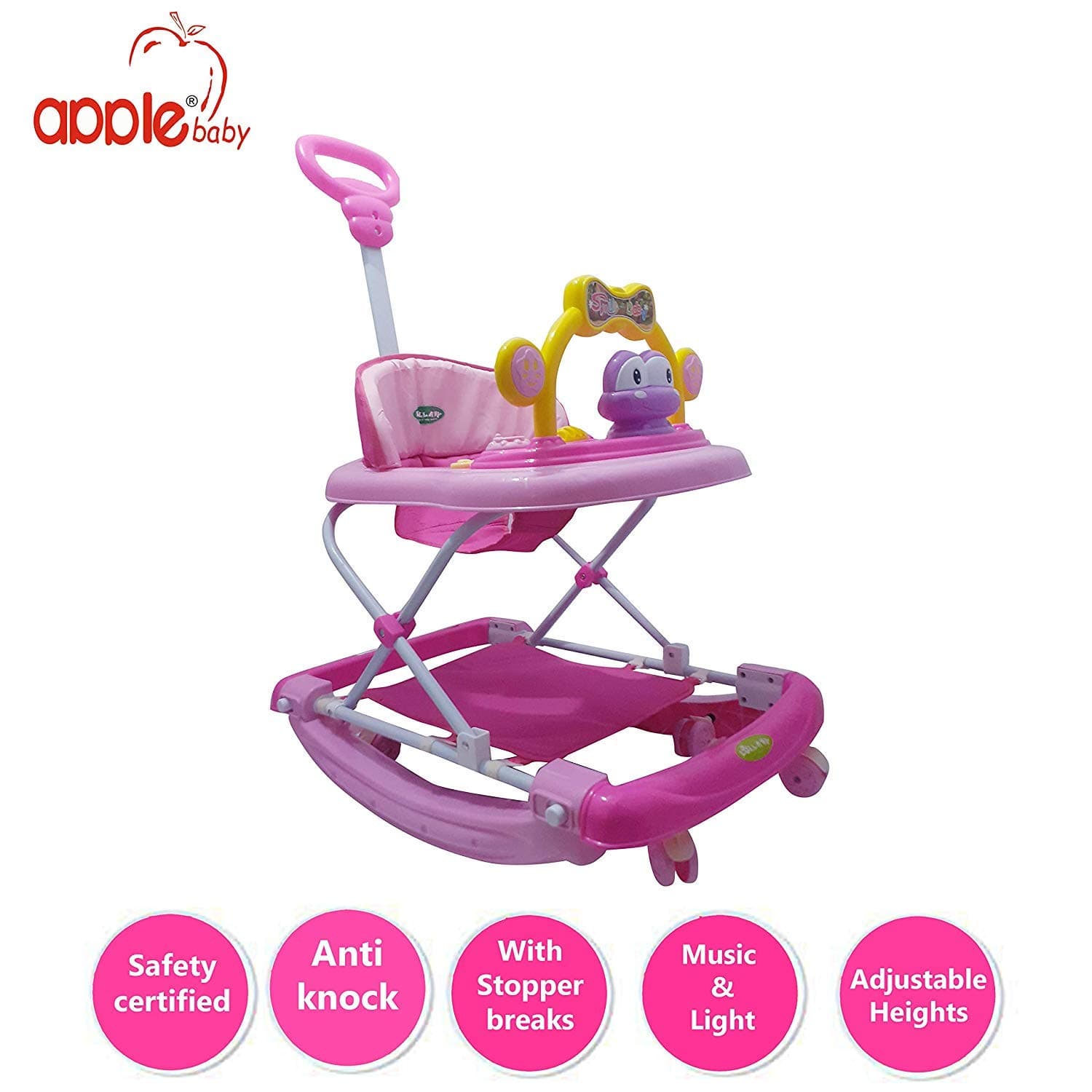 VADMANS Best in Category 5 in 1 [Walker, Rocker, Activity Tray(Also Food Tray), Push Handle, Soft Music]| Multi Function- Stopper,3 Step Height Adjustment,Detachable Cushion Seat (Pink)