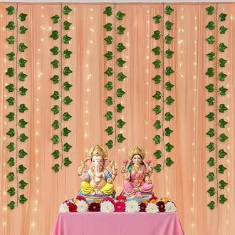 SpecialYou® Diwali Decoration for Home, Back Drop Curtain for Festive Decor with Peach Net Curtain, Light & Green Vines, Deepavali Decorations Items for Home, Wall Decor Items for Living Room-10 Pcs