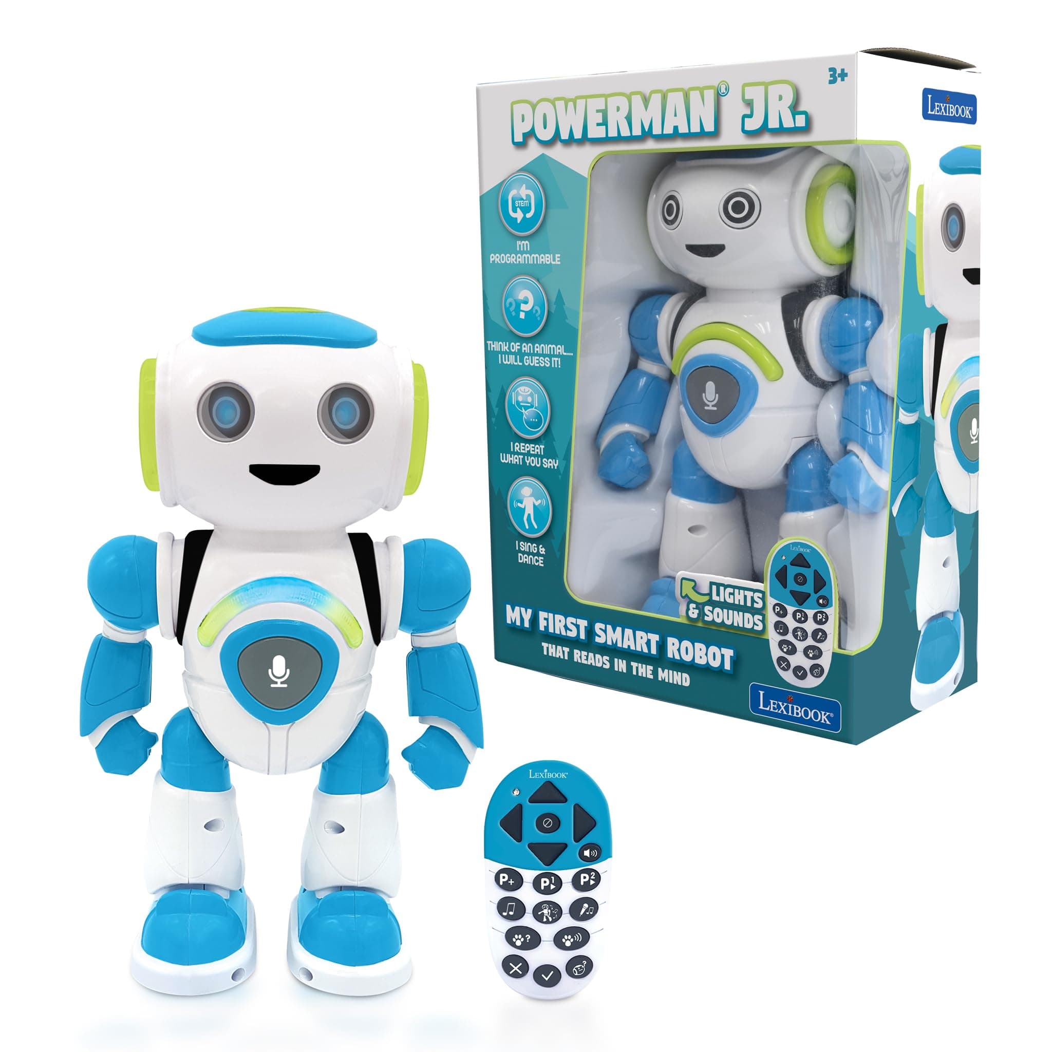 LEXIBOOK - Powerman Jr. Smart Interactive Toy Robot that Reads in the Mind Toy for Kids Dancing Plays Music Animal Quiz STEM Programmable Remote Control Boy Robot Junior Green/Blue - ROB20EN