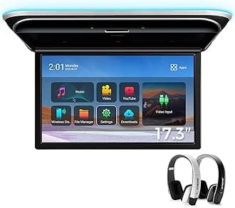 Android Car Overhead Player 17.3 Inch Wide IPS Screen 8K Video Car Roof Mount Monitor Built-in Stereo Speakers Flip Down Overhead Car Monitor Support HDMI, USB, 2 IR Headphones Included (B & W)
