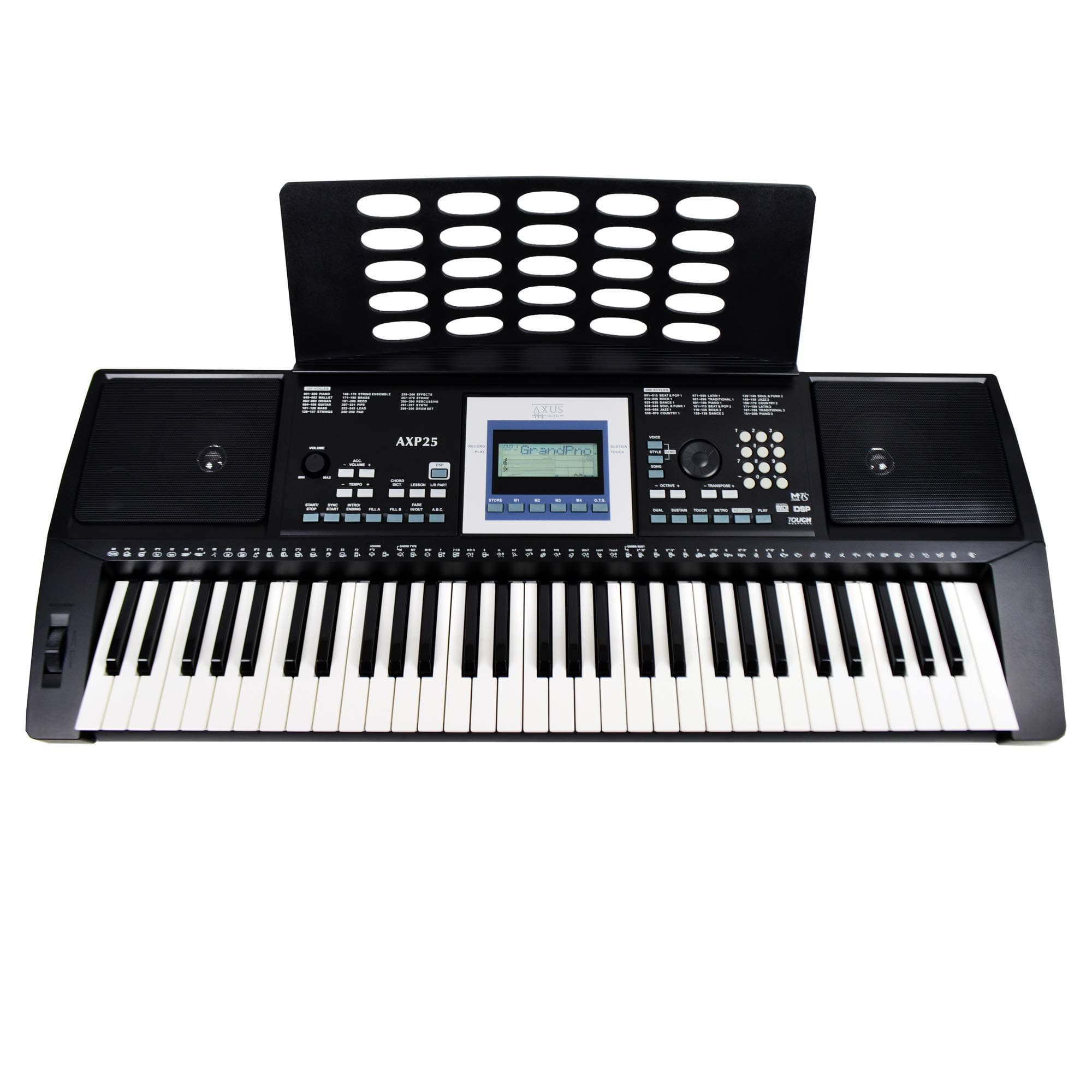 Axus Digital AXP25 61 Key Portable Keyboard with 61 Full Size Touch Sensitive Keys, USB B MIDI, Sustain Connection, Power Supply and Music Rest