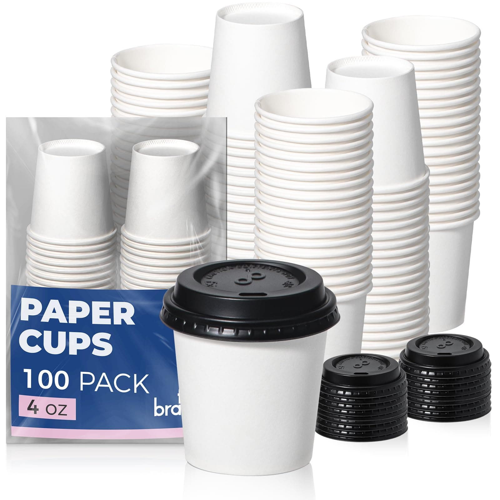 Fit Meal Prep 100 Pack 4 oz Disposable Coffee Cups with Lids, Premium To Go Paper Cups, Leak Proof Hot Coffee Cups with Lids for Travel, Office, Hot/Cold Beverages (Black Lids)