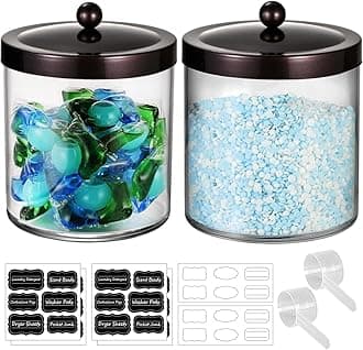 2 Pack 50 Oz Large Apothecary Jar with Lid, SheeChung Plastic Storage Jar for Laundry Bathroom Kitchen Vanity, Laundry Pods Bath Bombs Home Storage Canister Jar with Label Measuring Spoon(Bronze)