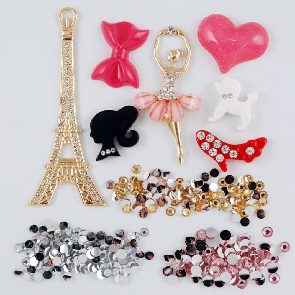 Frog-tech Pink Dancing Girl Golden Eiffel Tower Shining Flat Back Deco Kit