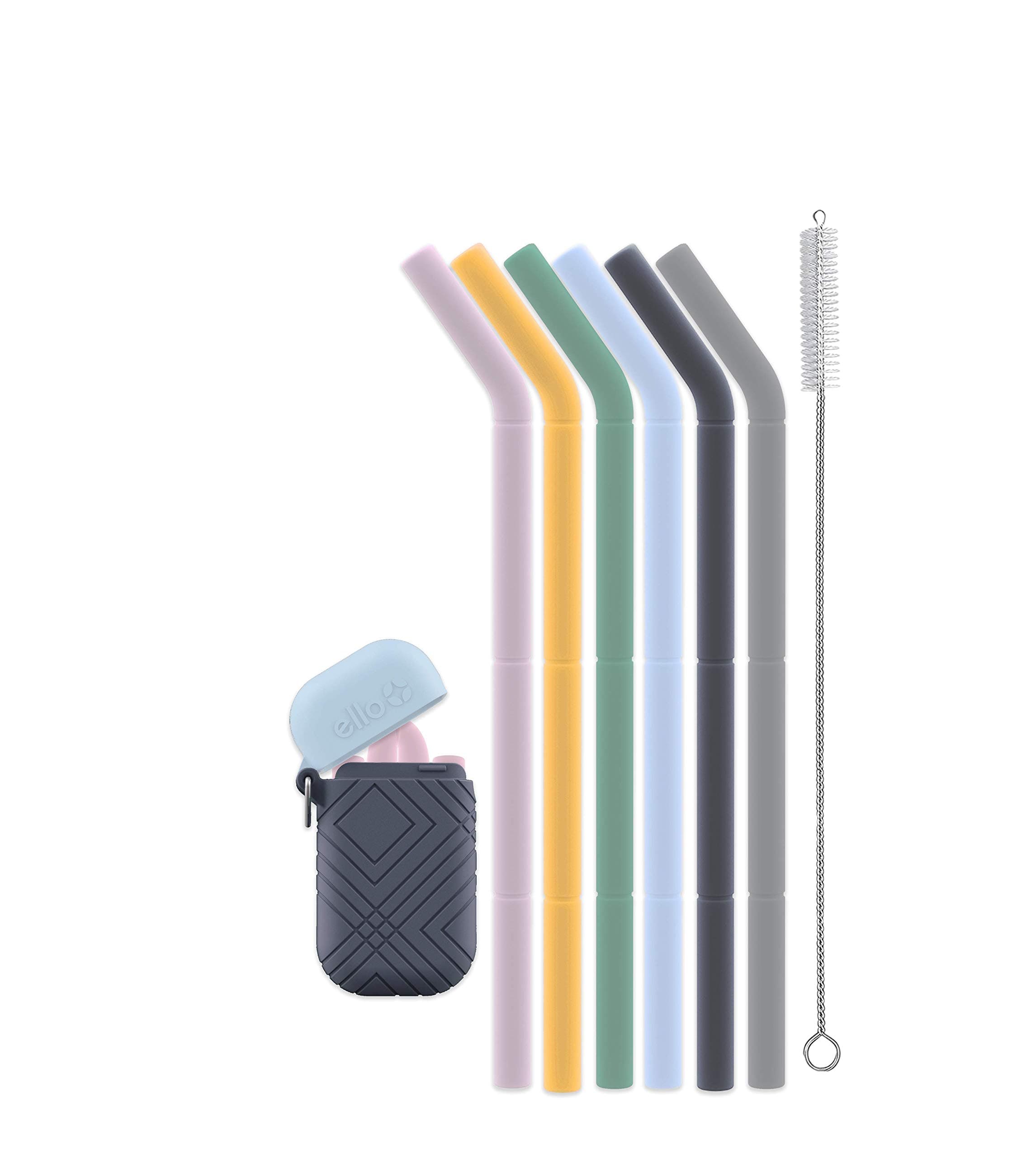 Ello Impact Pack of Reusable Silicone Straws with Fold & Store Carry Case, Portable Drinking Straw for Party Travel Cruise Ship, Includes Straw Cleaning Brush, Dishwasher Safe, BPA-Free
