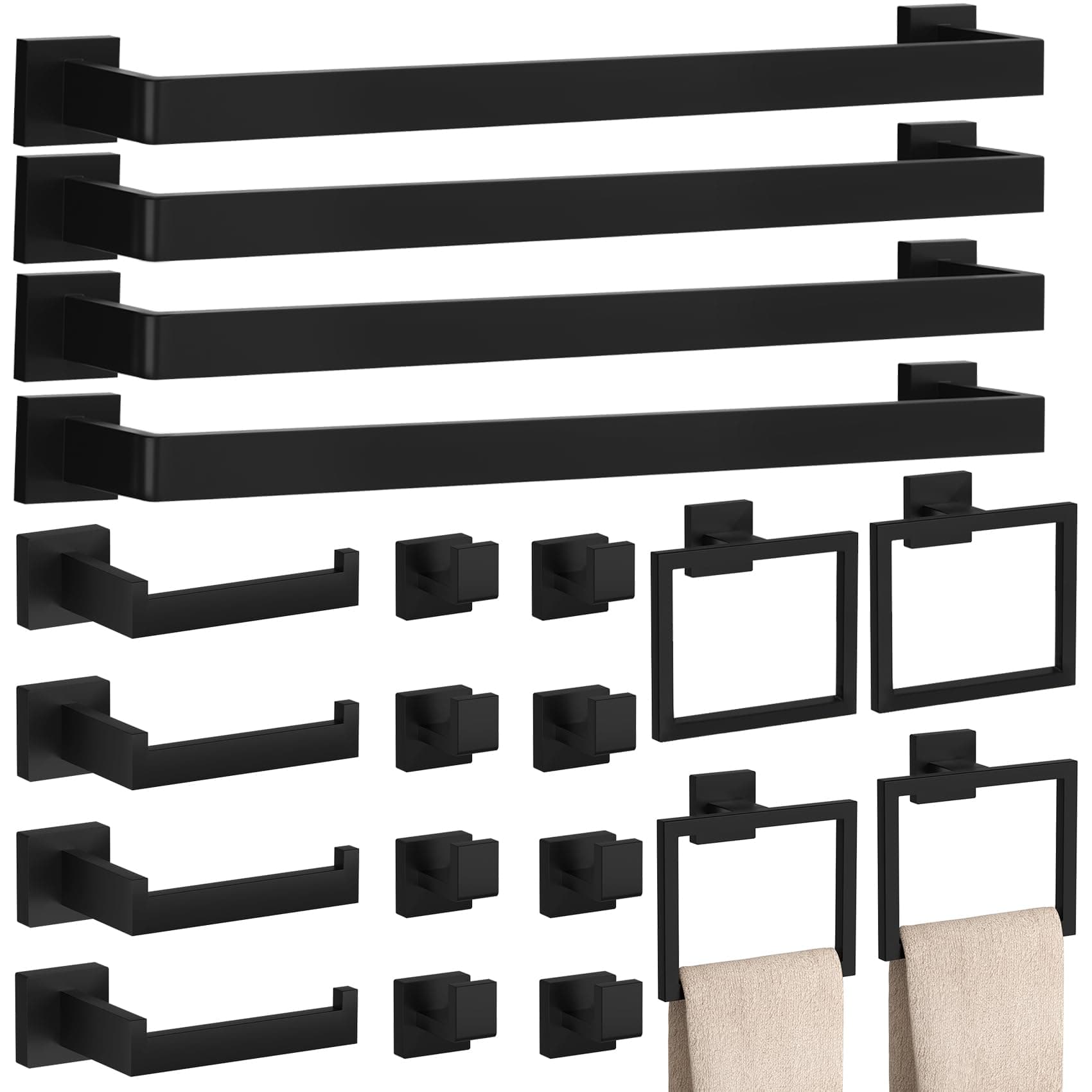 20-Piece Matte Black Bathroom Accessories Set – 23.6" Towel Bar, Towel Ring, Toilet Paper Holder & Hooks, Wall Mounted Bathroom Hardware, Rust & Corrosion-Resistant, Ideal for Modern Bathrooms