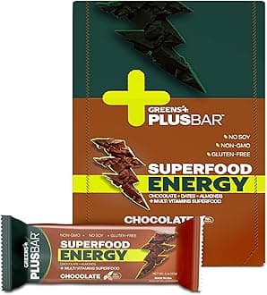 Greens+ Plusbar Energy Chocolate | Gluten Free Energy Bar | Organic Greens | Organic Dark Chocolate | Non GMO | 12 Bars