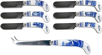 Spode Blue Italian Cheese Serving Set - 8 Inch Stainless Steel Knife and 6 Spreaders with Porcelain Handles, Entertaining Tools for Cheese Boards, Tapas, and Dining Presentation