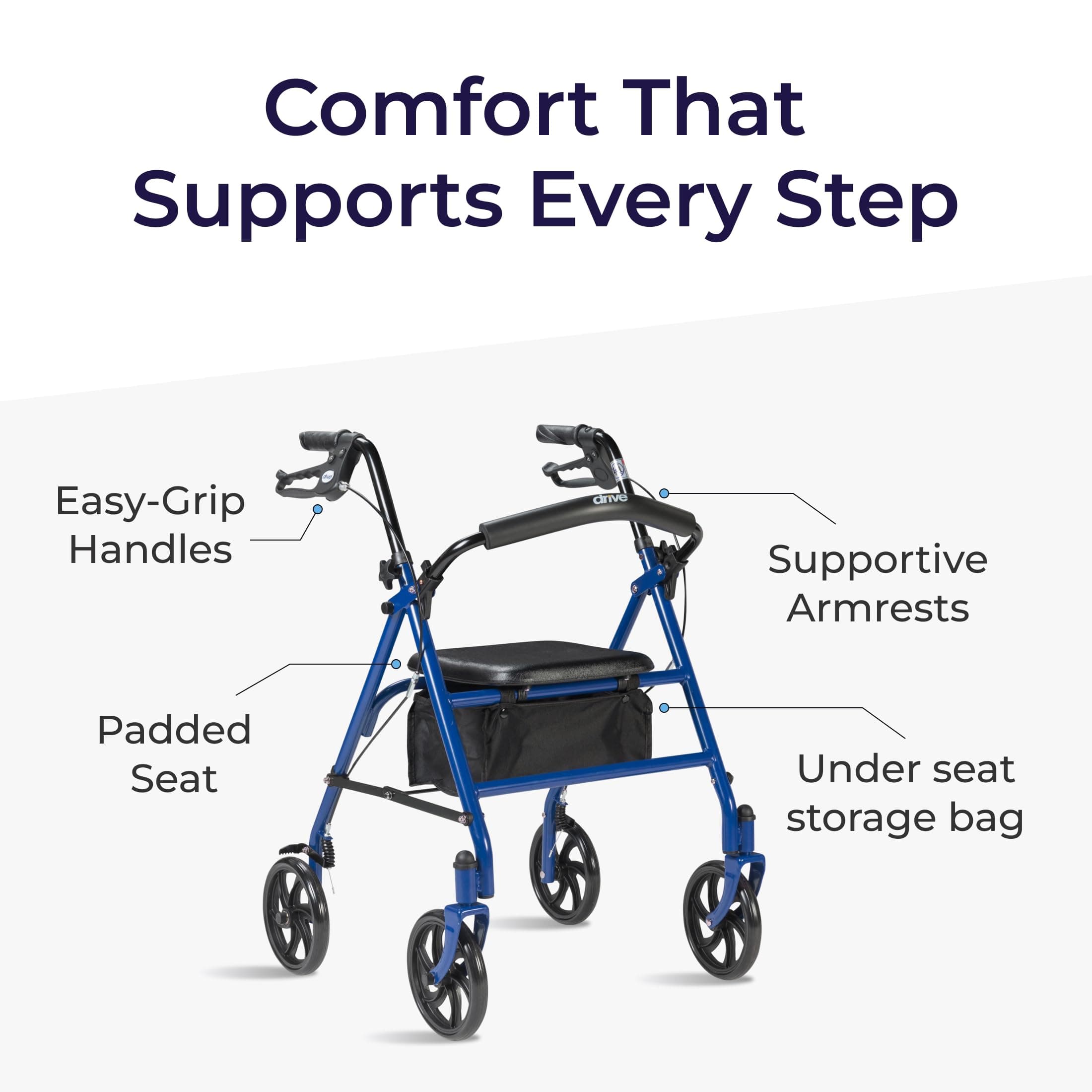 Drive Medical Four Wheel Walker Rollator with Fold Up Removable Back Support