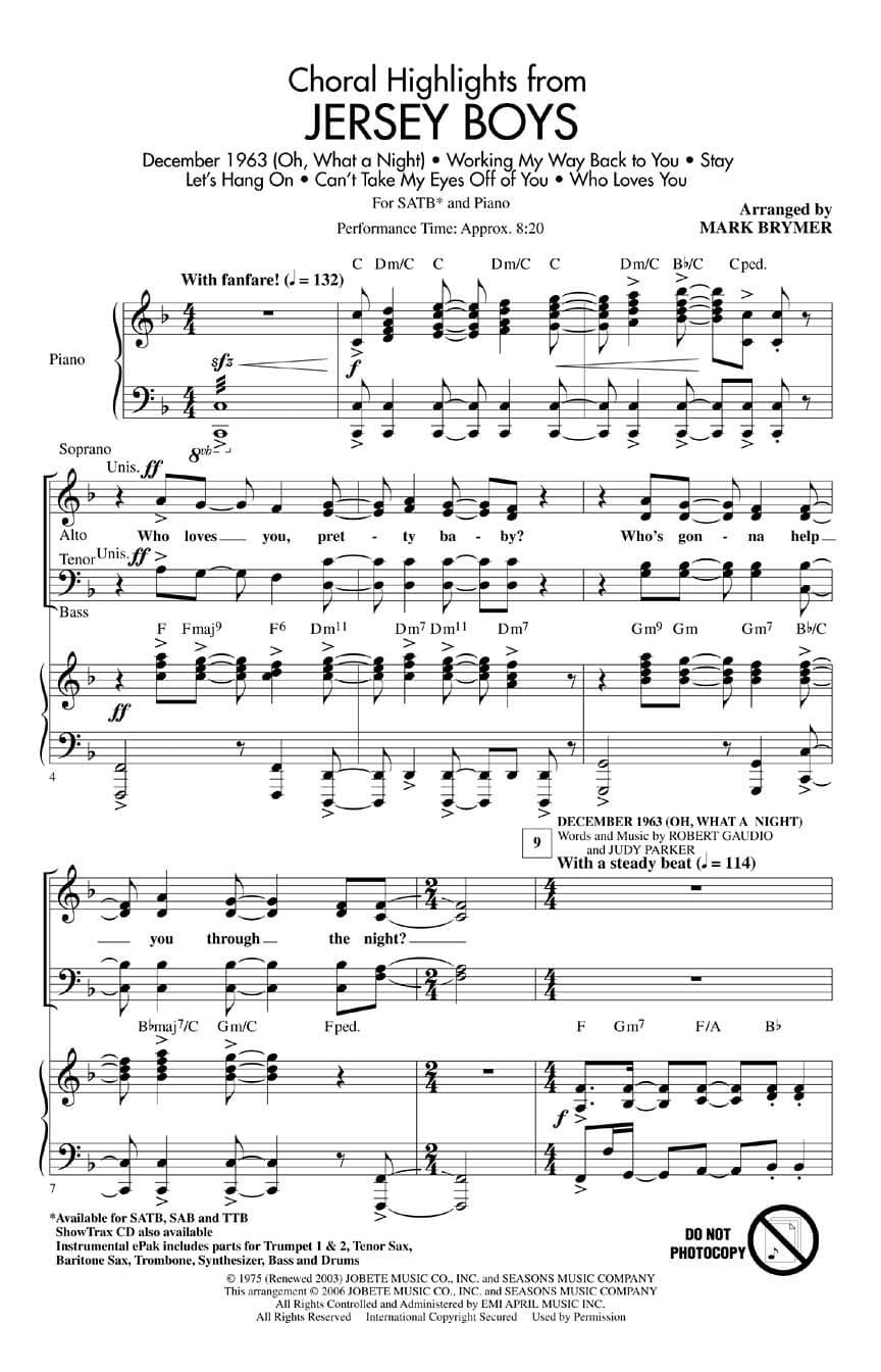 Hal Leonard Jersey Boys (Choral Highlights) SATB arranged by Mark Brymer Sheet music
