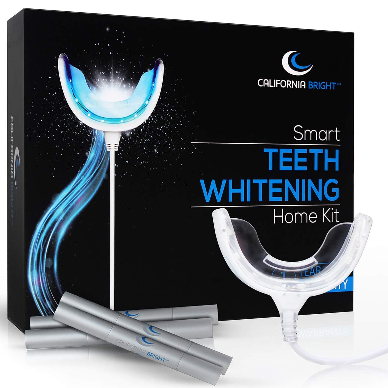 Smart Teeth Whitening Home Kit with 16X LED Light Mouthpiece, 4 Whitening Gel Pens, Portable Case and Dental Shade Guide – Smartphone & USB Compatible