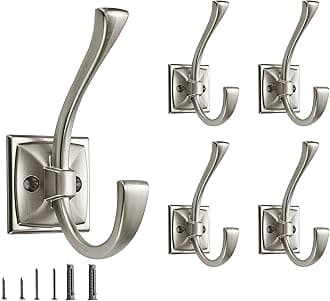 5 Pack Decorative Heavy Duty Towel Hooks for Hanging Robe Double Satin Nickel Coat Hooks Wall Mounted with Screws for Key, Towel, Bags, Cup, Hat