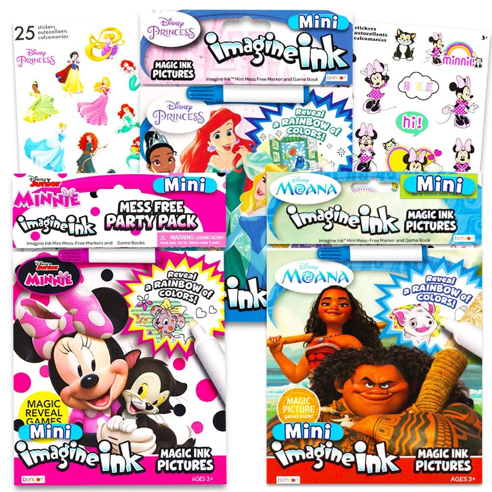 Princess Magic Ink Coloring Book Set - Bundle of 3 Imagine Ink Books for Girls Kids Toddlers Featuring Disney Princess, Moana, and Minnie Mouse with Invisible Ink Pens and Stickers