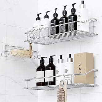 ODesign Adhesive Bathroom Shelf Organizer Shower Caddy Kitchen Shower Rack Spice Rack Wall Mounted with Soap Holder No Drilling SUS304 Stainless Steel Rustproof - 3 Pack Silver