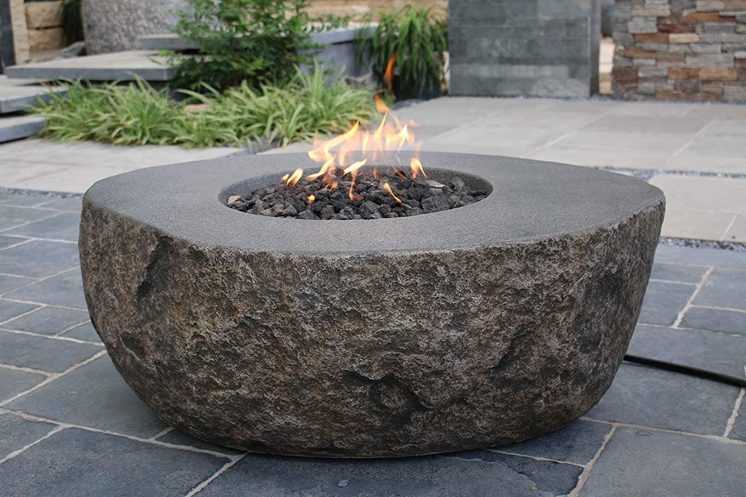 Elementi Boulder Fire Pits Natural Gas, Cast Concrete in Natural Rock Surface, Outdoor Fire Pit Table Patio Furniture, 45,000 BTU Auto-ignition, Stainless Steel Burner, Canvas Cover & Lava Rock includ