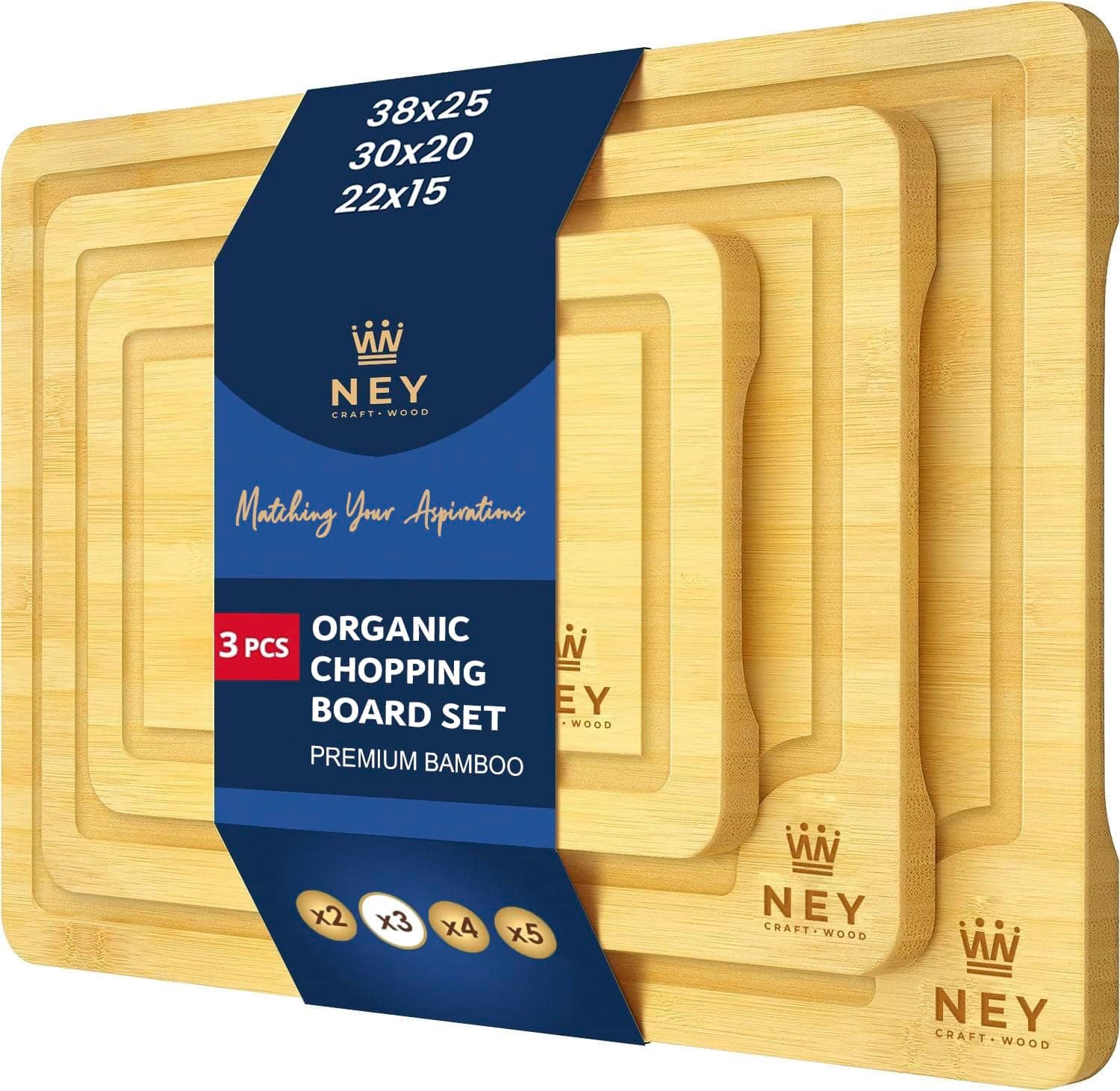 NEY CRAFT WOOD 2-in-1 Premium Extra-Thick en Chopping Boards & Serving | Set of 3 | 38x25cm / 30x20cm / 22x15cm - Bamboo Chopping Board Set with Deep Juice Groove Side Handles - 100% Organic Bamboo