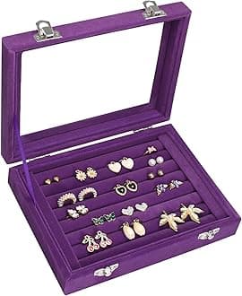 Vicoter Rings Organizer Tray 7 Slots Velvet Jewelry Earring Storage Box with Transparent lid Jewelry Display Case for Girls Wife Mom Women (Purple)