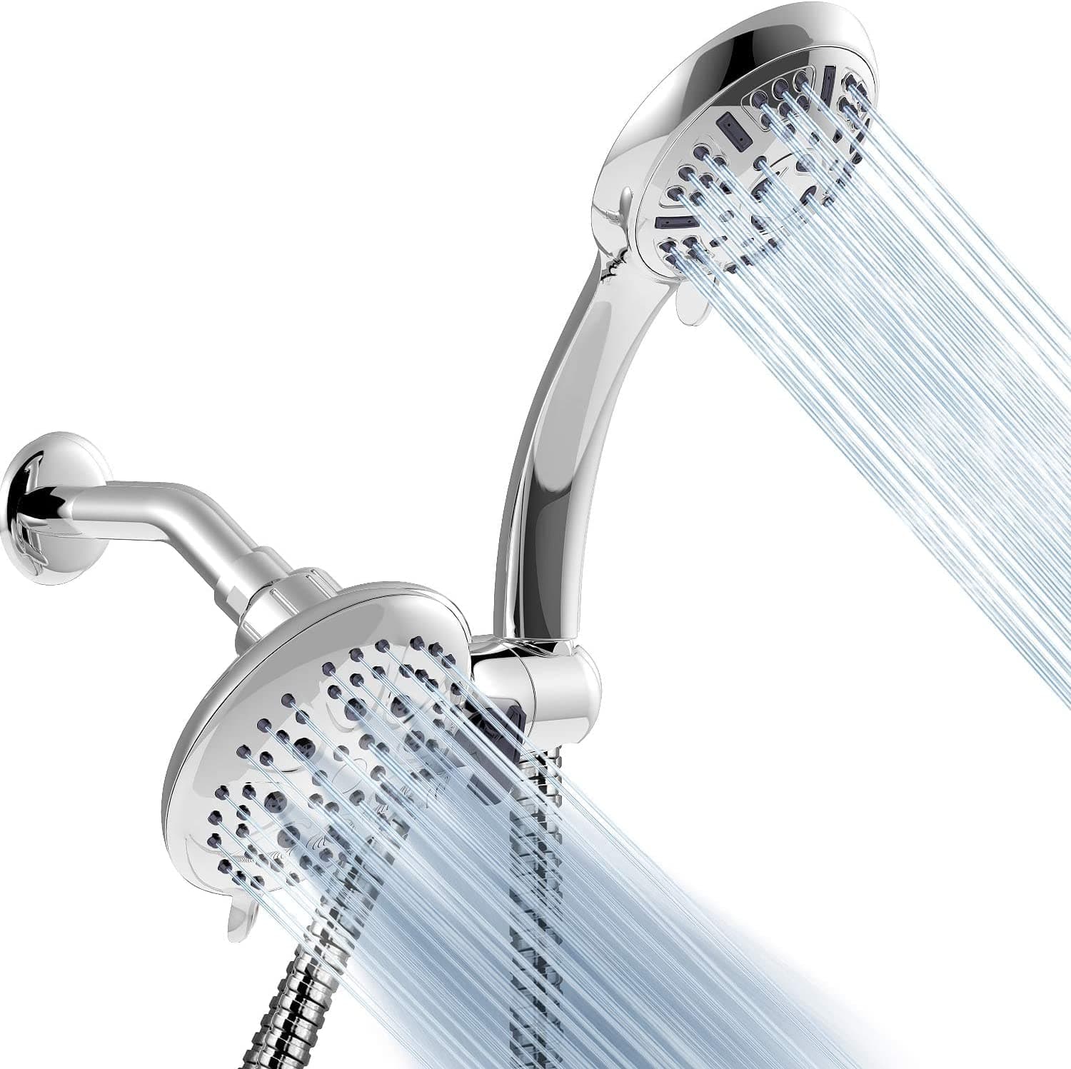 CHMING High Pressure 3-Way Shower Head Combo - Dual Shower Head with Stainless Steel Hose - Enjoy Luxurious 15-Setting Rain & Handheld Shower - Silver Chrome Finish